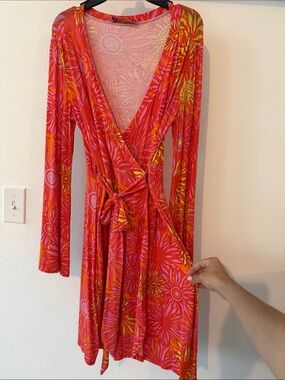 Floral Wrap Midi Dress in Vibrant Pink & Orange